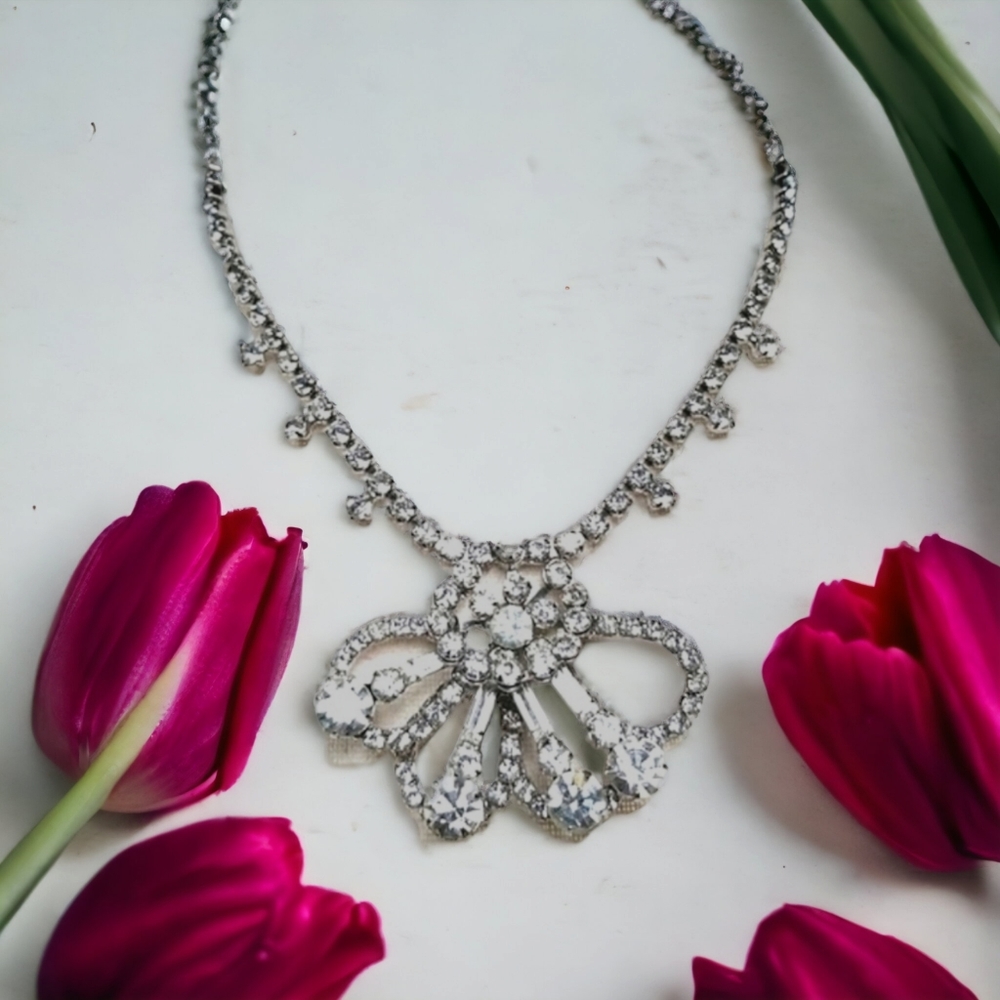 Vintage Black Tie 1950s Couture Mid Century Rhinestone Necklace